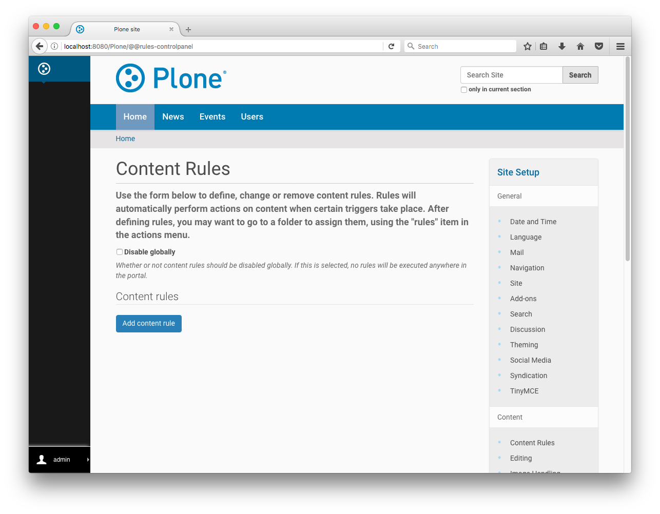 Content rules control panel